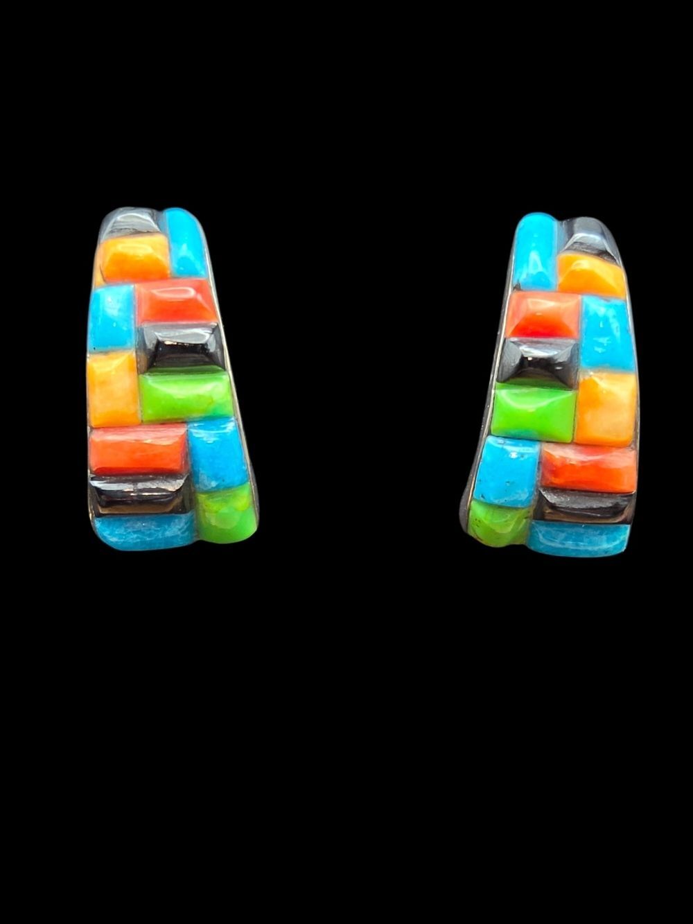 Southwest Sterling Silver Multi Stone Inlay Hoop Earrings Vibrant Mosaic